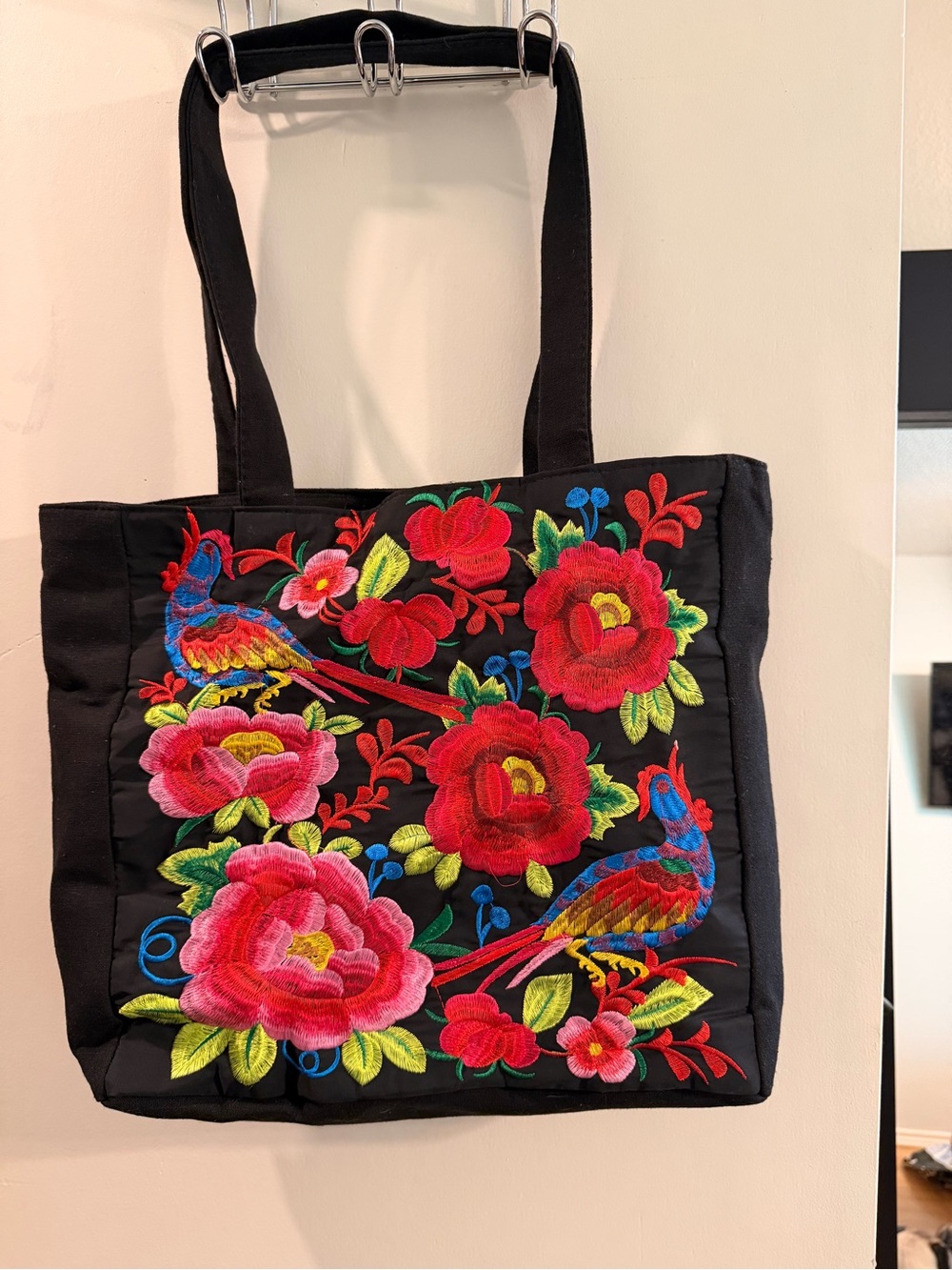 Black Floral Embroidered Tote Bag with Multicolor Bird Motif